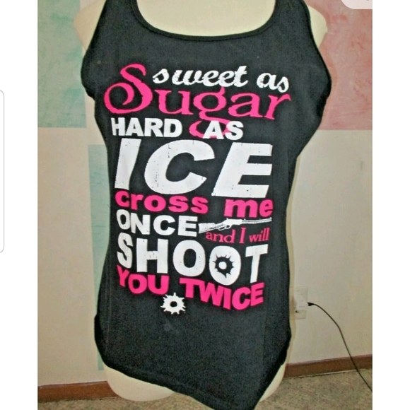 SWEET AS SUGAR HARD AS ICE CROSS ME Black White Pink Gun Shoot Tank Top 2XL - Picture 2 of 2